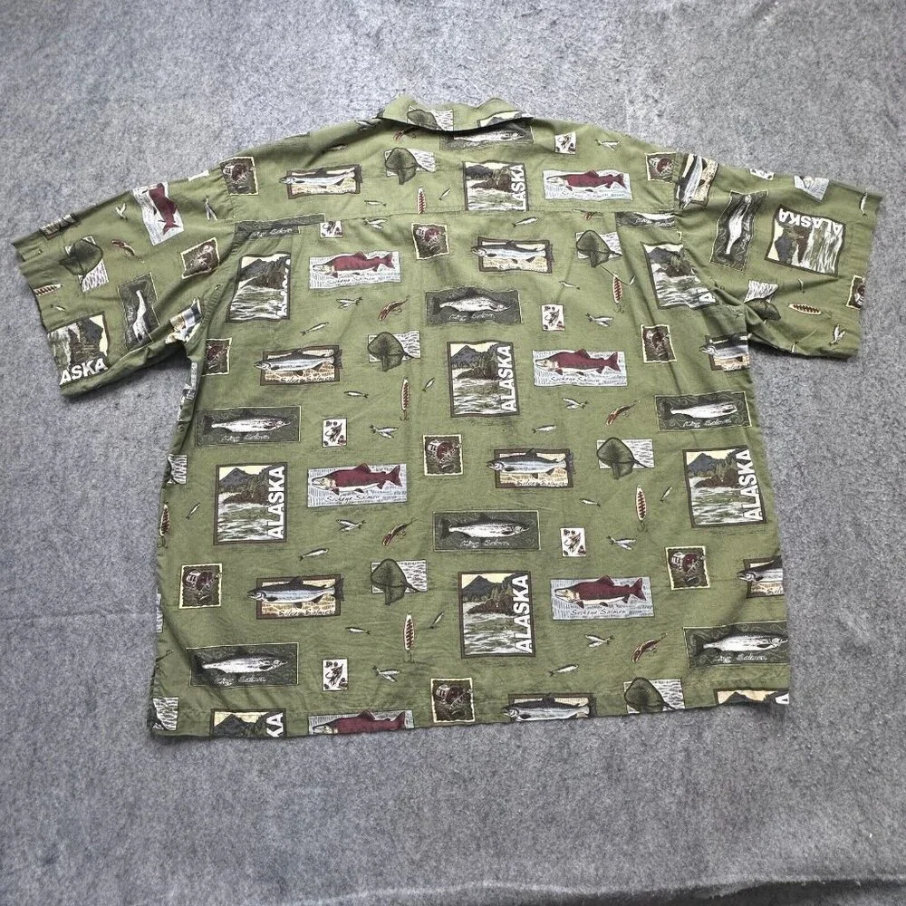 David Carey Camp Shirt Men 2XL Green Alaska Print Fish Graphic Short Sleeve - Picture 6 of 11